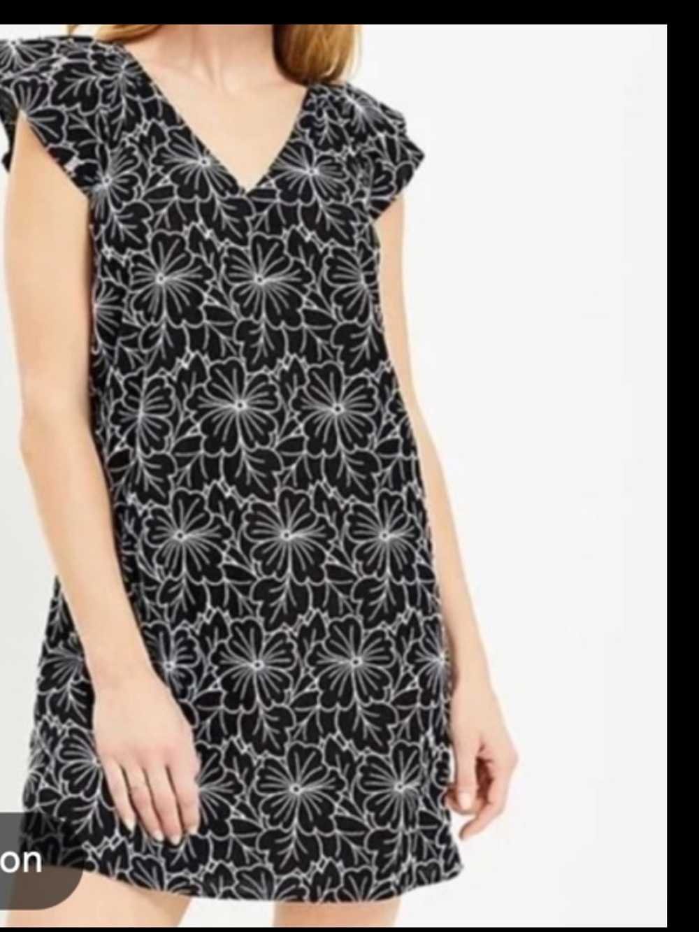 LOFT Black White Floral Embroidered Flutter Sleeve V-Neck Shift Dress large NWT